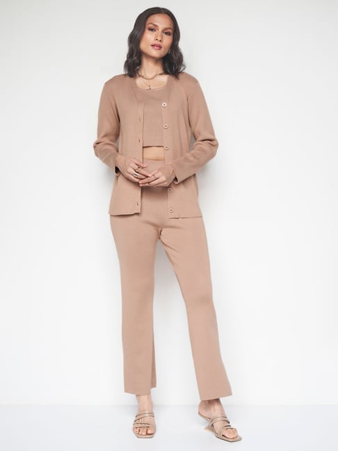 AND Beige Plain Crop Top Pants Set With Cardigan