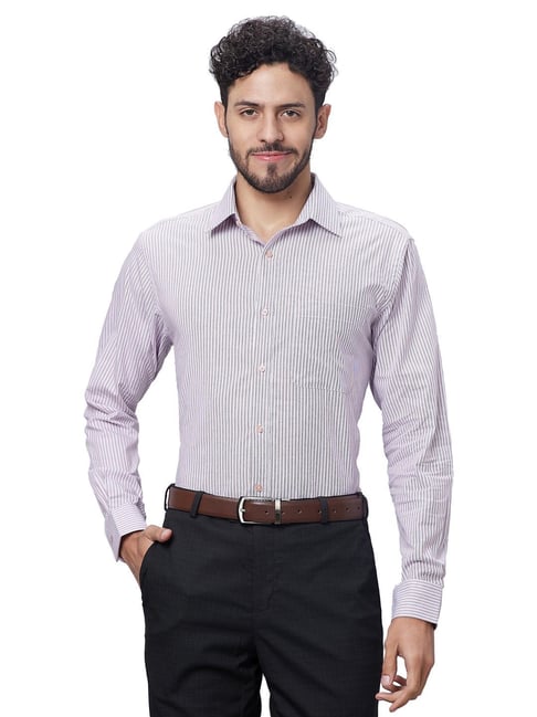 Raymond Light Berry Cotton Slim Fit Striped Shirt