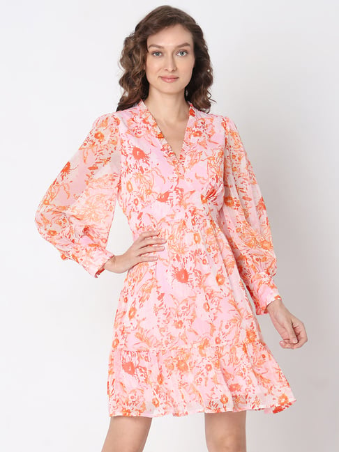 Vero Moda Orange Printed Fit & Flare Dress