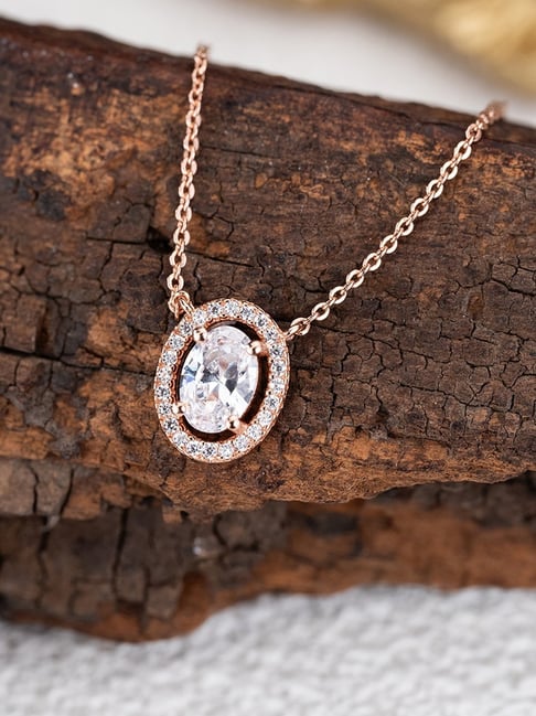 Miss Jo Sterling Silver Rose Gold-Plated Oval Solitaire Sparkler Halo  Necklace