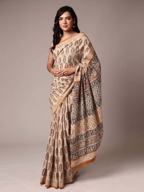 Buy Ragavi Buttercream Beige Jaipur Printed Cotton Saree with Unstitched  Blouse online