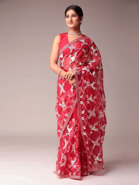 Zari Jaipur Red Embroidered Saree With Unstitched Blouse-picture-28
