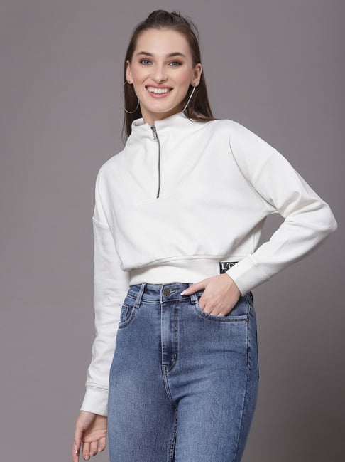 Buy KASSUALLY White Relaxed Fit Crop Sweatshirt for Women Online