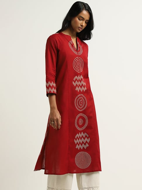 Red Color Cotton Kurti Pant Set With Embroidery Work at Rs.599/Piece in  surat offer by Royal Export