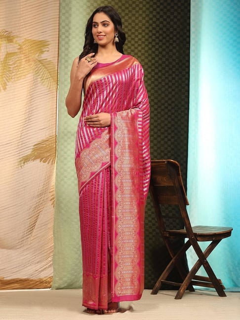 Red & Gold Color Litchi Silk Striped Weaving Saree | trendwati