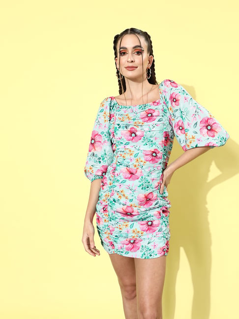 KASSUALLY Turquoise Floral Print Bodycon Dress