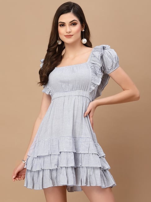 KASSUALLY Blue White Cotton Striped Fit Flare Dress