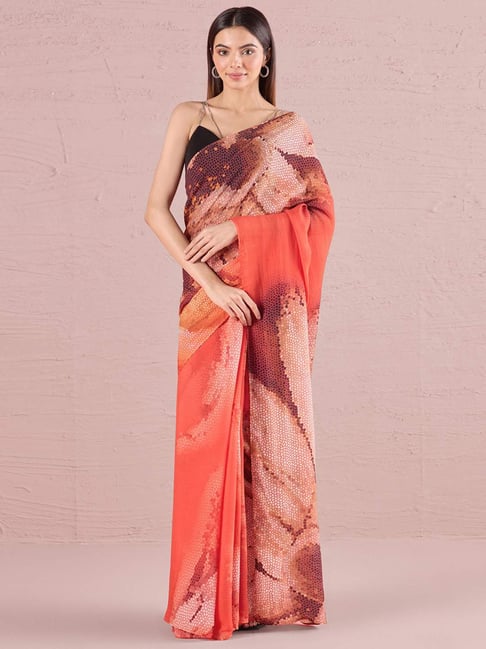 navyasa by liva Orange Printed Saree With Unstitched Blouse-picture-39