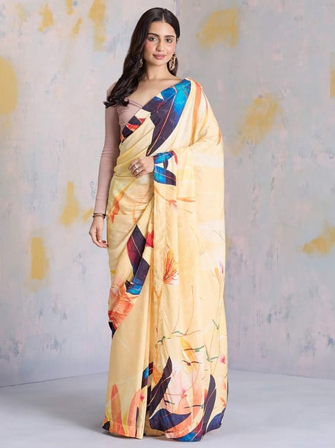 navyasa by liva Beige Printed Saree With Unstitched Blouse-picture-15