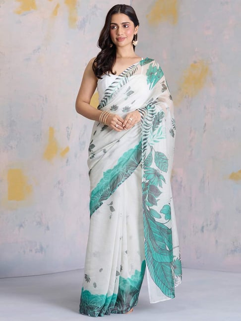 Buy Offwhite And Bottle Green Moonga Silk Saree Designer Sarees. Shipping  Worldwide.