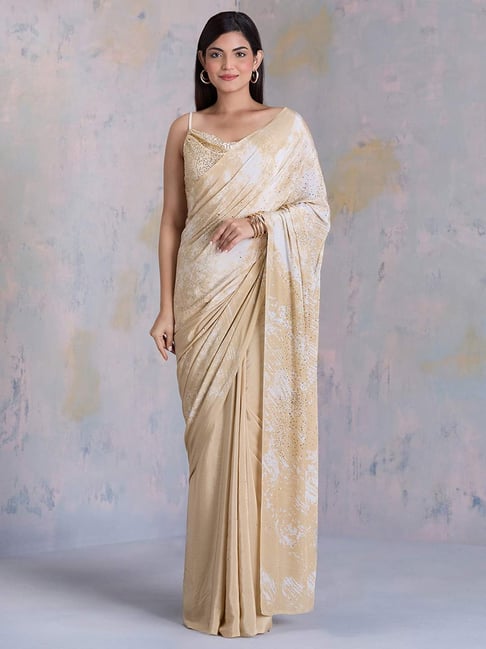navyasa by liva Beige Printed Saree With Unstitched Blouse-picture-25