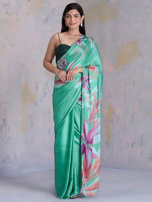 navyasa by liva Green Printed Saree With Unstitched Blouse-picture-41
