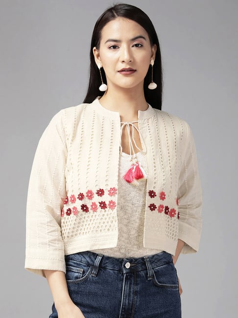 Buy Aarika Cream Cotton Embroidered Ethnic Jacket for Women Online