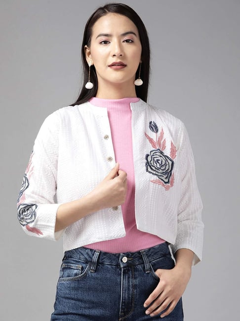 Buy Aarika White Cotton Embroidered Ethnic Jacket for Women Online
