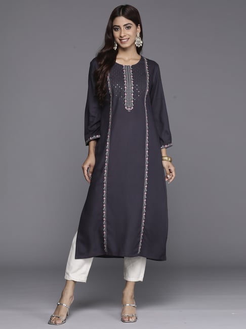 Indo Era Grey Embroidered Straight Kurta-image-39