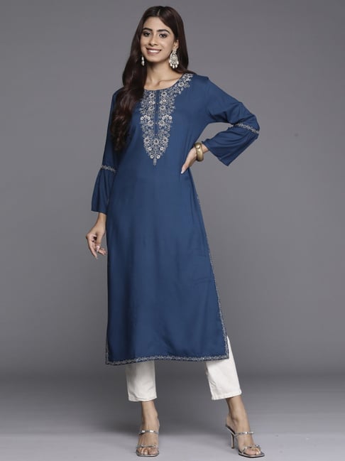 Indo Era Blue Embroidered Straight Kurta-picture-33