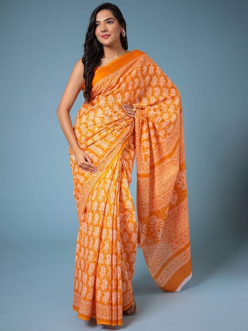 Zari Jaipur Orange Cotton Printed Saree With Unstitched Blouse-picture-44