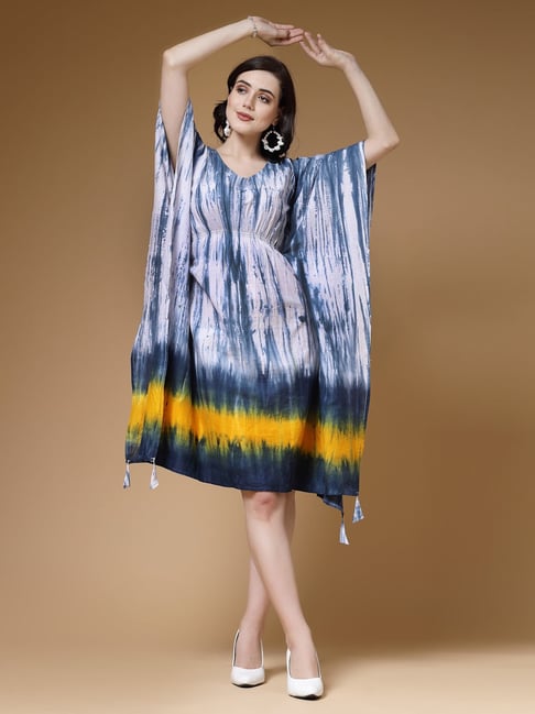 Indibelle Blue Cotton Tie-Dye Kaftan Ethnic Dress
