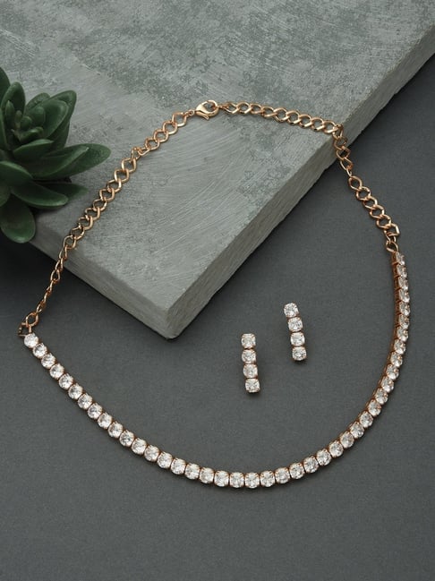 Zaveri Pearls Rose Gold Cubic Zirconia Necklace Earring Set-ZPFK15238