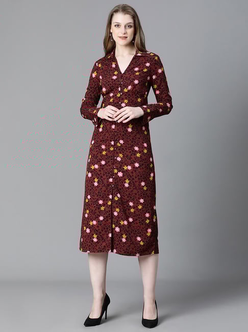 Oxolloxo Maroon Floral Print Shirt Dress-picture-12