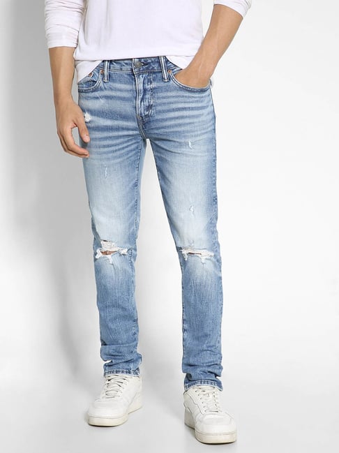 Buy American Eagle Outfitters Blue Cotton Slim Fit Distressed