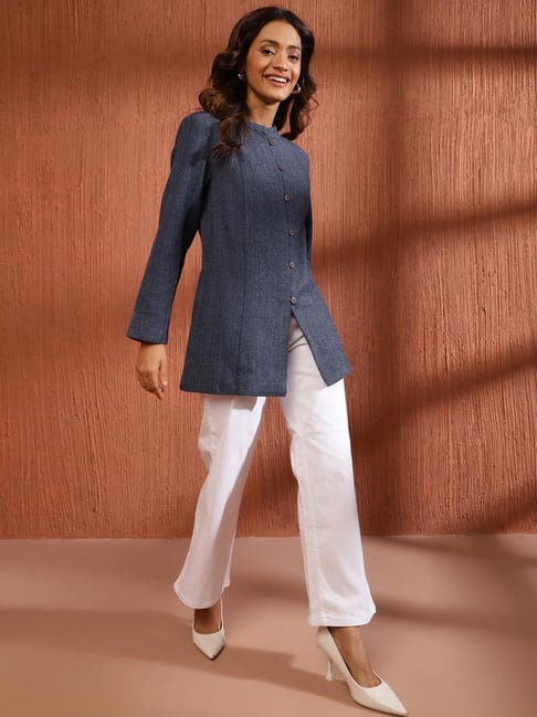 Fabindia Blue Textured Pattern Jacket