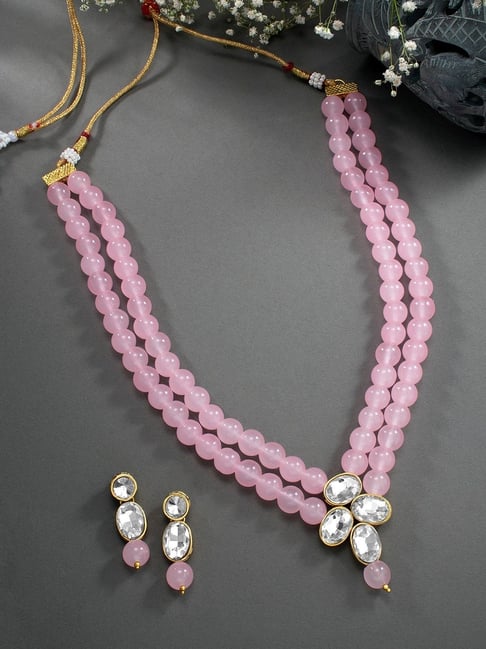 Buy Peora Pink Kundan Necklace Drop Earrings Jewellery Set - Main Image