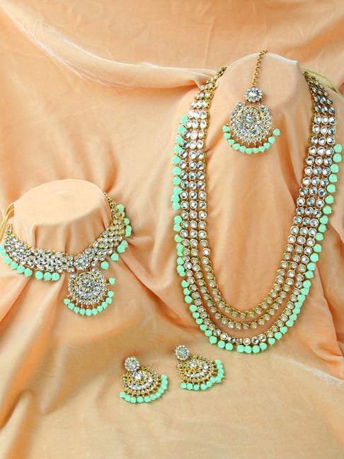Peora Gold-Plated Kundan Beads Bridal Choker Long Necklace Earrings Maangtikka Wedding Jewellery Set-picture-27