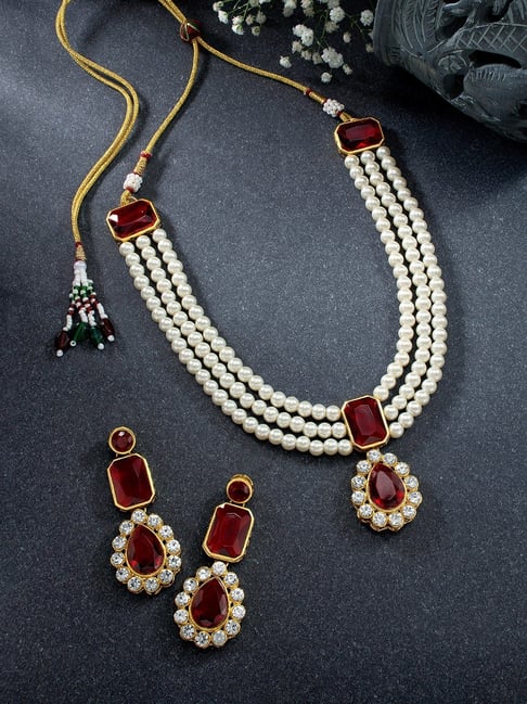 Peora Gold-Plated Crystal Beads Long Necklace & Drop Earrings Set