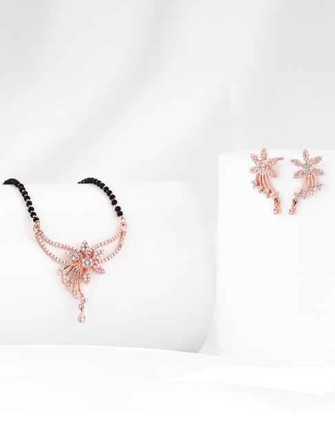 GIVA 92.5 Sterling Silver Rose Gold Floral Love Bond Mangalsutra & Earrings Set-picture-18