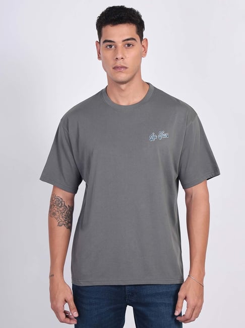 Lee Grey Loose Fit Printed Cotton Oversized Crew T-Shirt-picture-22