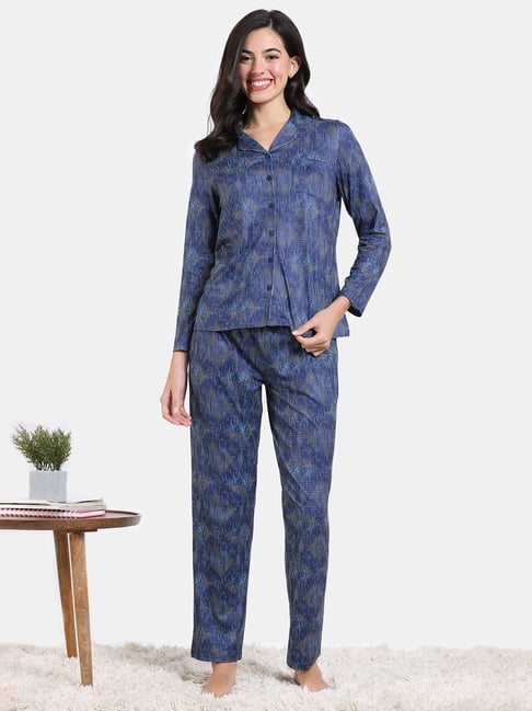 Zivame Blue Printed Shirt With Pyjamas