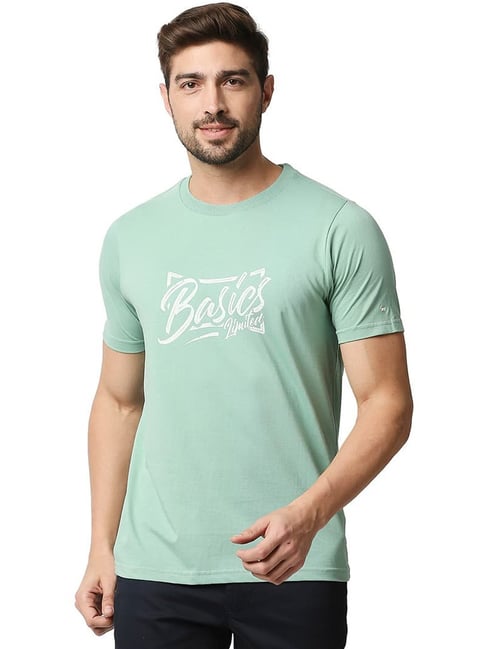 Basics Granite Green Cotton Muscle Fit Printed T-Shirt