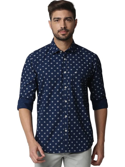 Basics Estate Blue Cotton Slim Fit Printed Shirt-picture-39