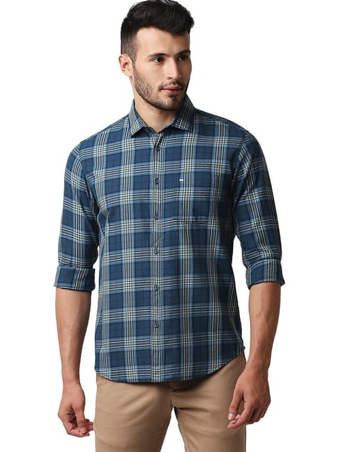 Basics Legion Blue Cotton Slim Fit Checks Shirt-picture-21