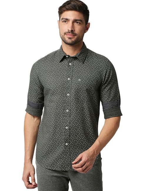 Basics Gunmetal Grey Cotton Slim Fit Printed Shirt