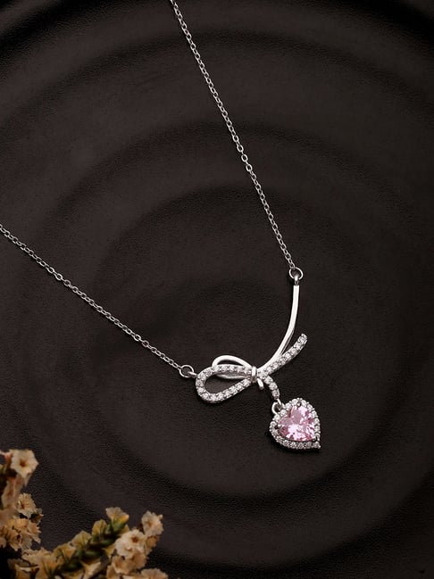 Aatmana Silver-Plated Bow Shaped Pink Hearts CZ Studded Chain Necklace-picture-39