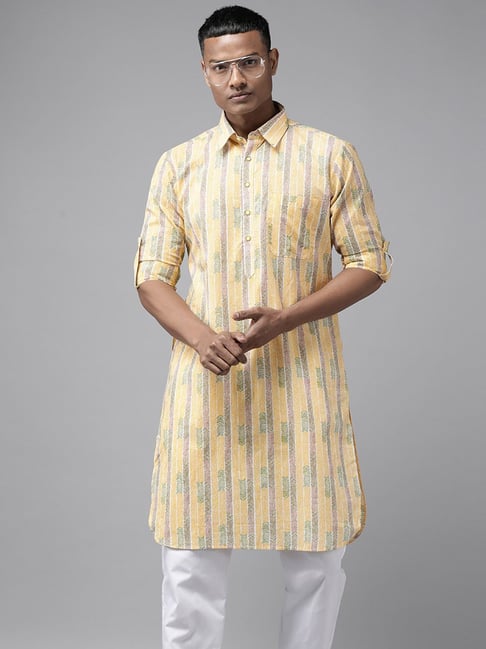 Buy See Designs Yellow Cotton Regular Fit Striped Pathani Kurta