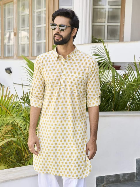 Buy See Designs Yellow Cotton Regular Fit Printed Pathani Kurta