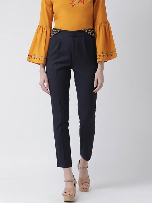 KASSUALLY Navy Embellished Regular Fit Mid Rise Trousers-picture-38