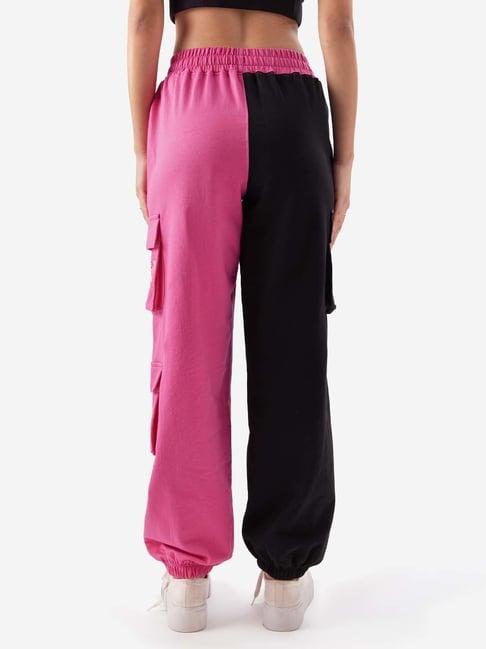 The Souled Store Pink Black Cotton Color Block Joggers