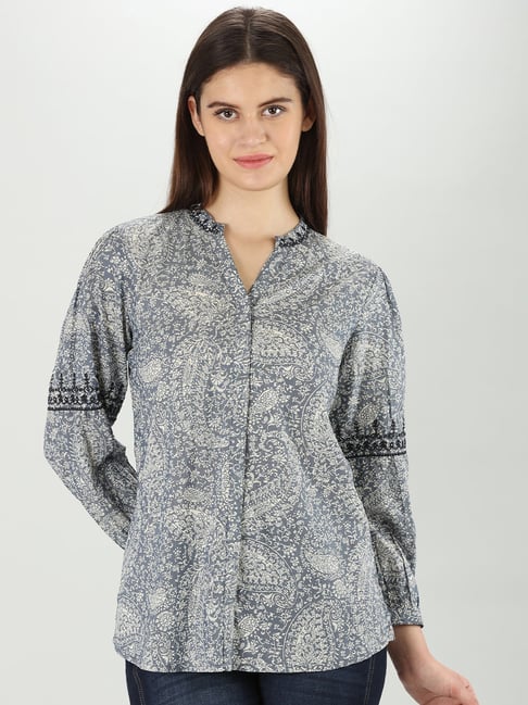 Mustard Grey & White Printed Shirt-image-35