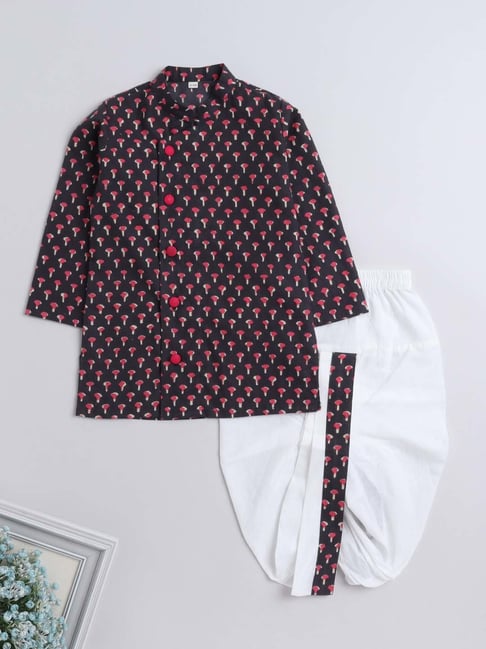 The Magic Wand Kids Black & White Cotton Printed Full Sleeves Kurta Set