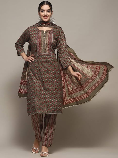 Buy Biba Brown Cotton Printed Unstitched Suit Set for Women Online - Main Image