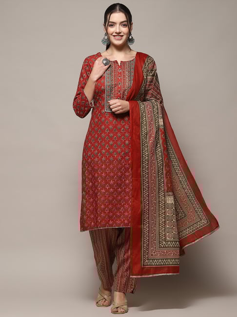 Biba Red Cotton Printed Unstitched Suit Set