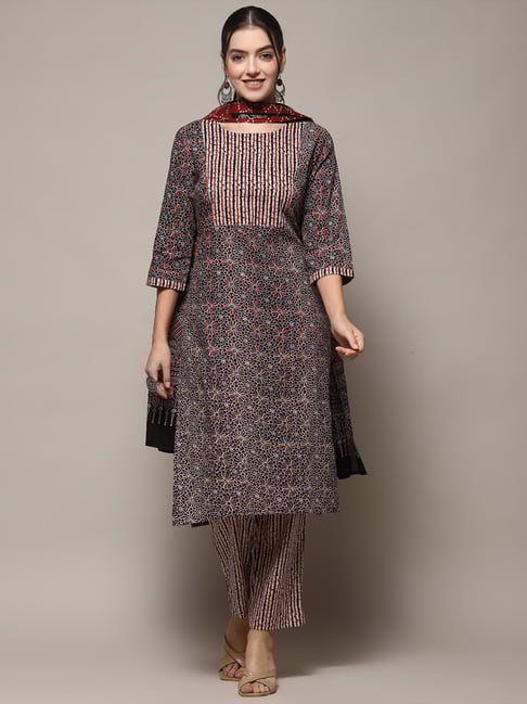 Buy Biba Black Cotton Printed Unstitched Suit Set for Women Online