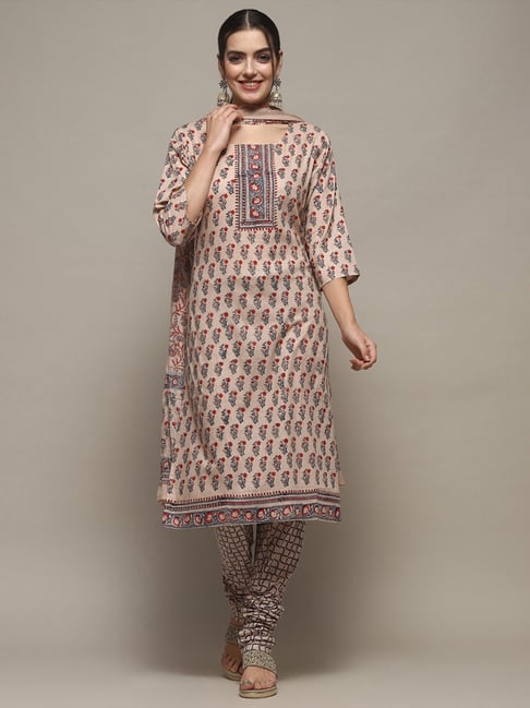 Buy Biba Beige Cotton Printed Unstitched Suit Set for Women Online