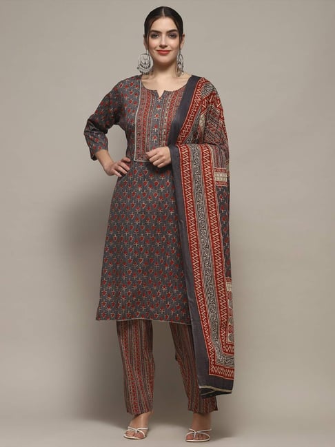 Biba Grey Cotton Printed Unstitched Suit Set