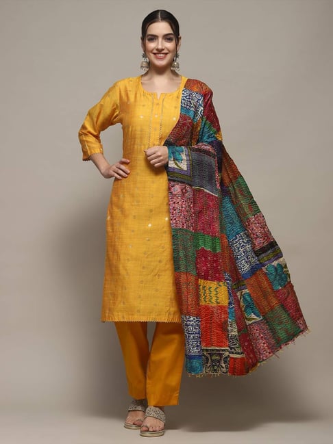 Buy Biba Yellow Cotton Woven Pattern Unstitched Suit Set for Women
