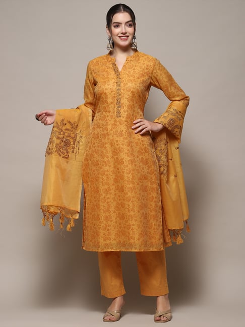 Buy Biba Yellow Cotton Printed Unstitched Suit Set for Women
